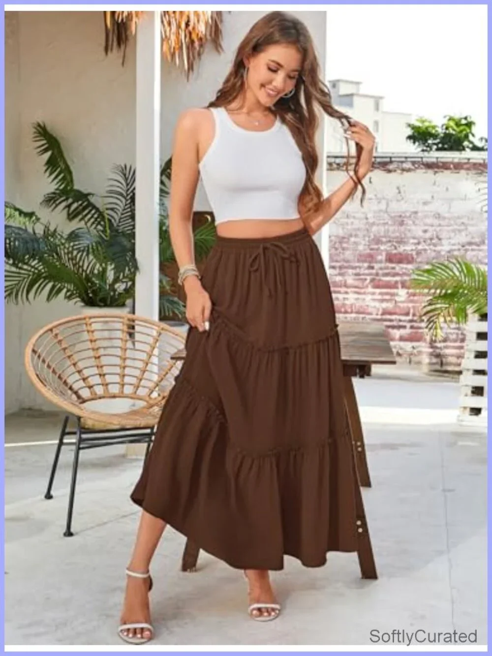 High Waist Maxi Skirt with Pockets Flowy Boho Ruffle Tiered Long Skirt